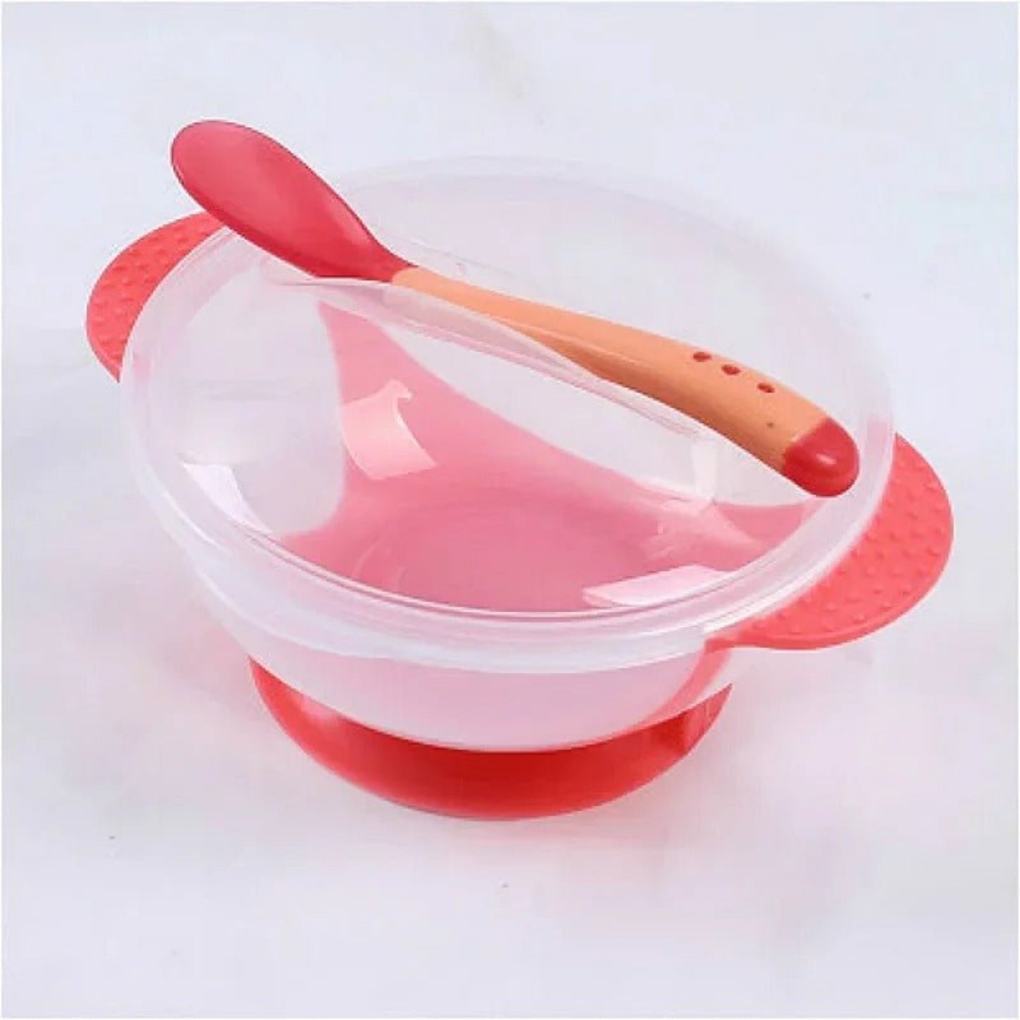 assiette bébé ventouse rouge avec couvercle et cuillère