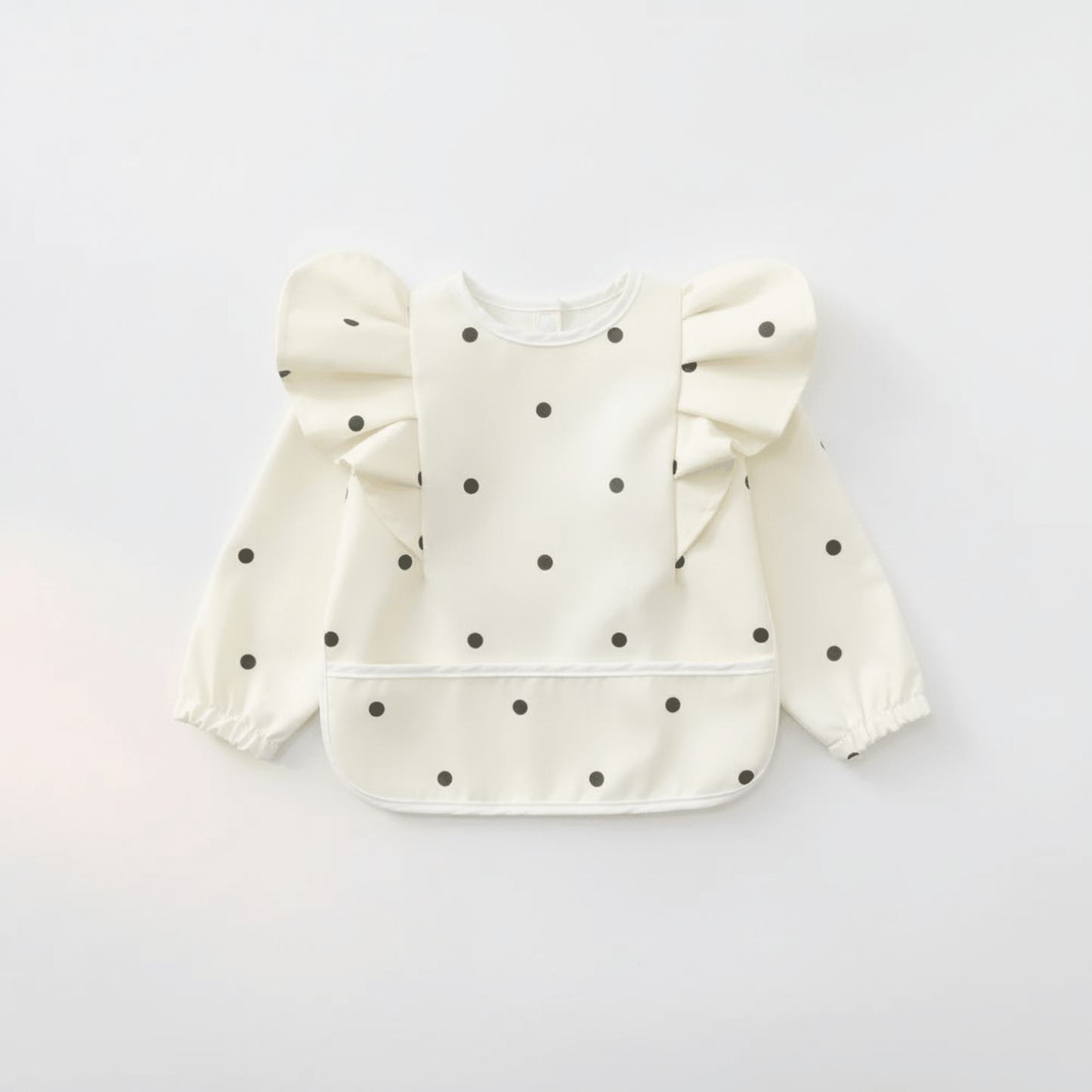 bavoir manche longue coloris blanc motif pois noirs