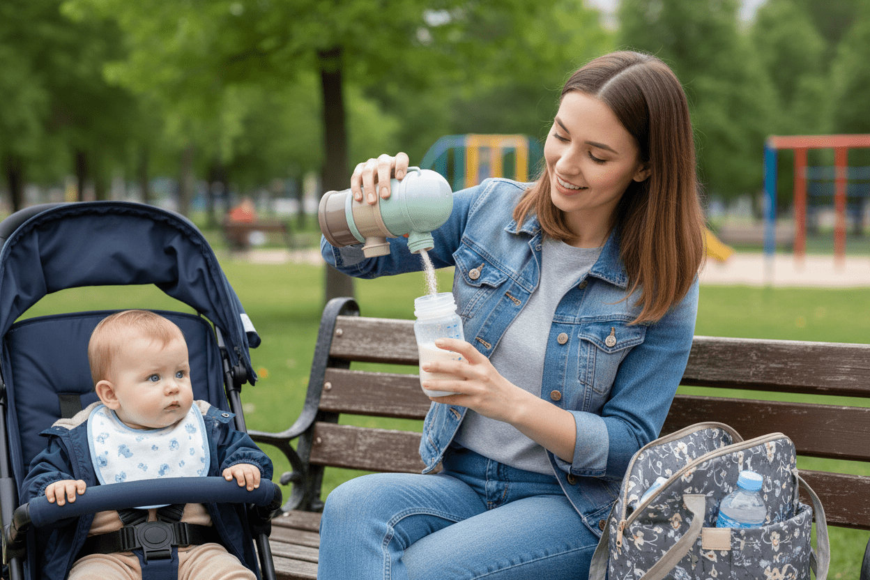 dans un parc pour enfant, une maman prépare un biberon avec la boite doseuse lait Nomad'Bébé coloris vert