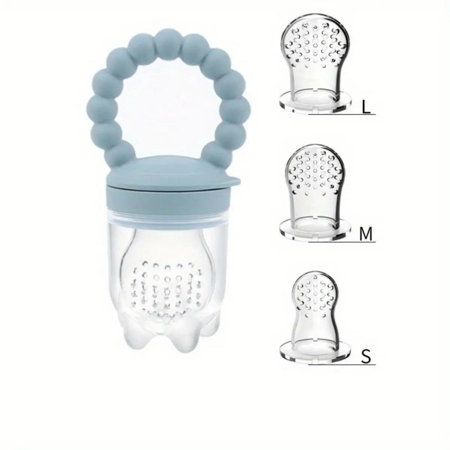 présentation de la grignoteuse bebe perles coloris bleu et ses trois tailles de tétines