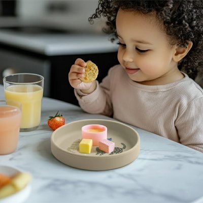 une petite fille partage son goûter avec les petits chats du fond de l'assiette bébé antidéranpante beige