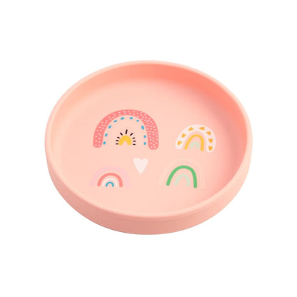 assiette bebe antiderapente coloris rose avec motif coeur rainbow