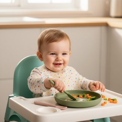 si les petits légumes peuvent glisser hors de l'assiette bébé antidérapante, l'assiette ne glisse pas hors de la tablette de la chaise haute