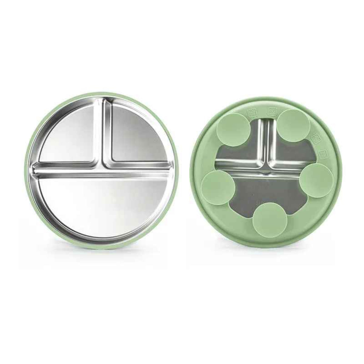 assiette bébé inox coloris vert recto avec ses trois compartiments et verso avec ses cinq ventouses en silicone.