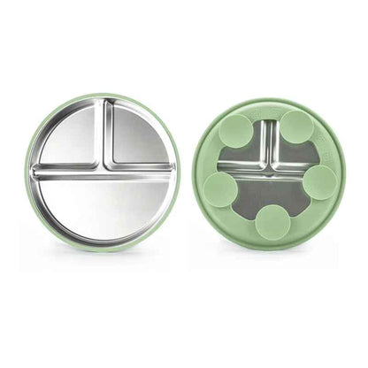 assiette bébé inox coloris vert recto avec ses trois compartiments et verso avec ses cinq ventouses en silicone.