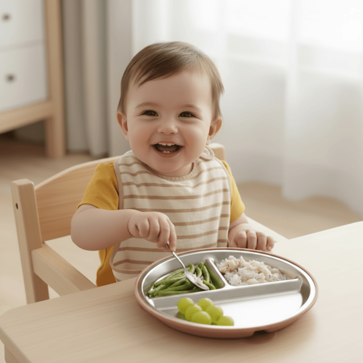 Un enfant joyeux en chaise haute  découvre son assiette bébé inox de coloris rose avec ses trois compartiments. Il plante en confiance sa cuillère dans ses haricots verts.