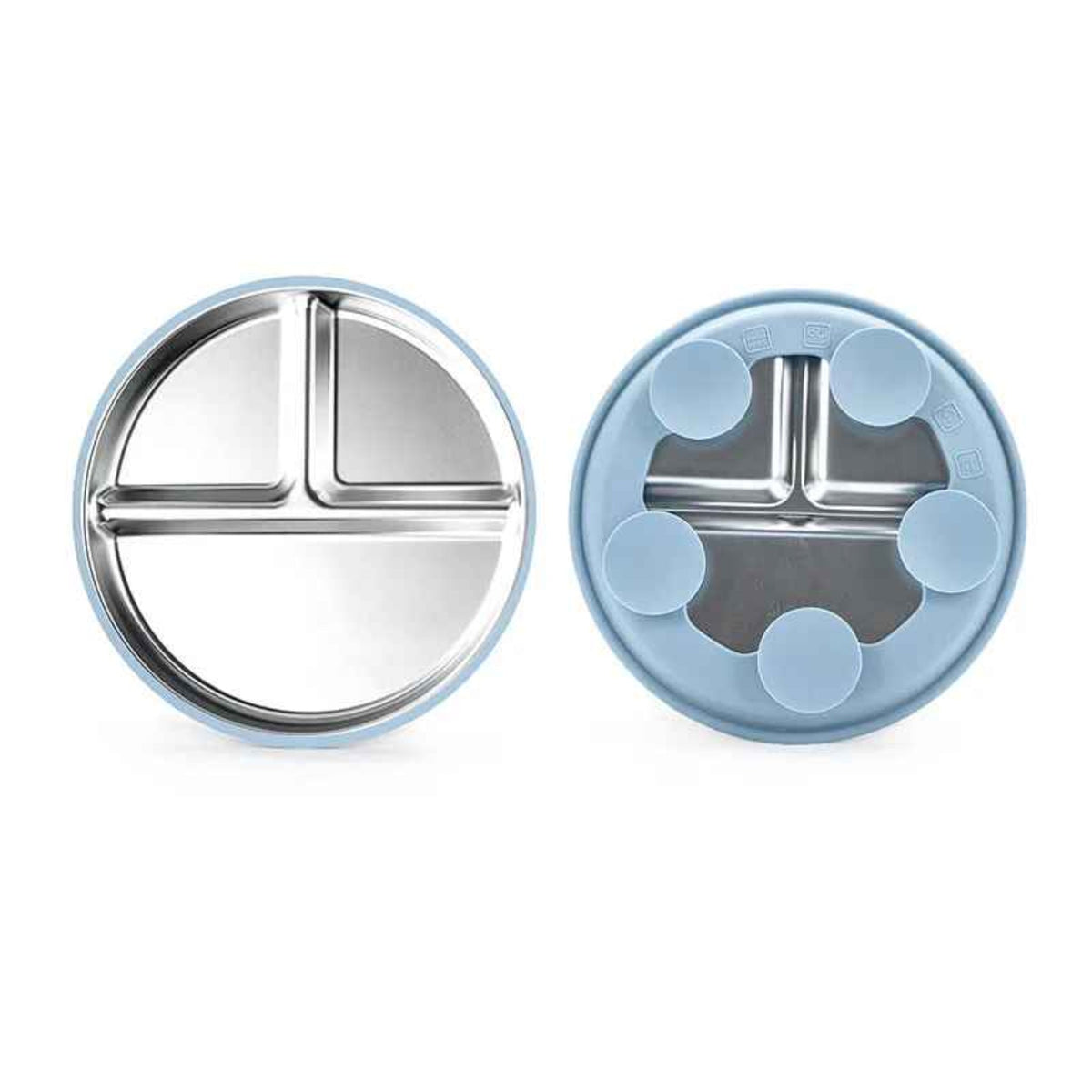 assiette bébé inox coloris bleu recto avec ses trois compartiments et verso avec ses cinq ventouses en silicone.