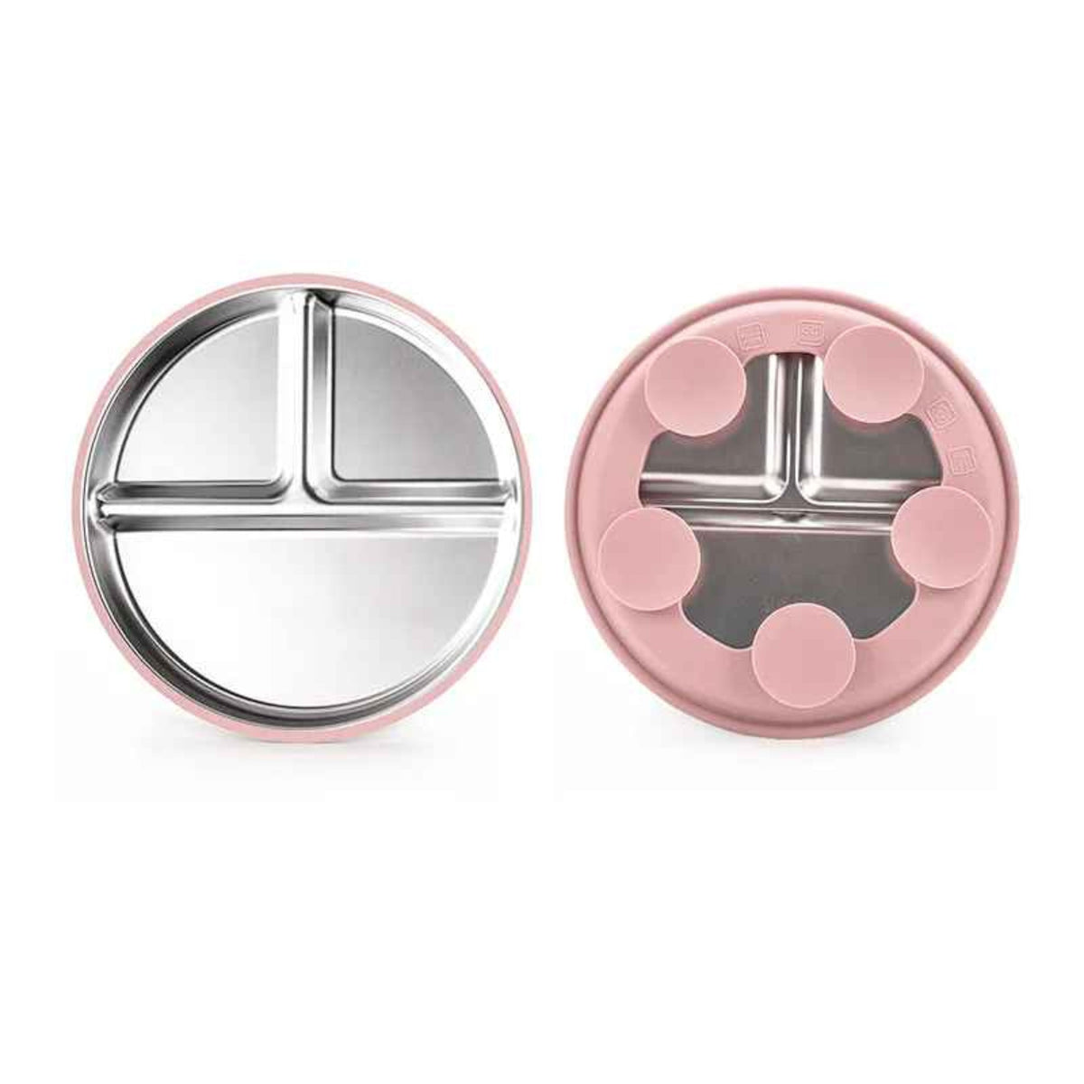 assiette bébé inox coloris rose recto avec ses trois compartiments et verso avec ses cinq ventouses en silicone.
