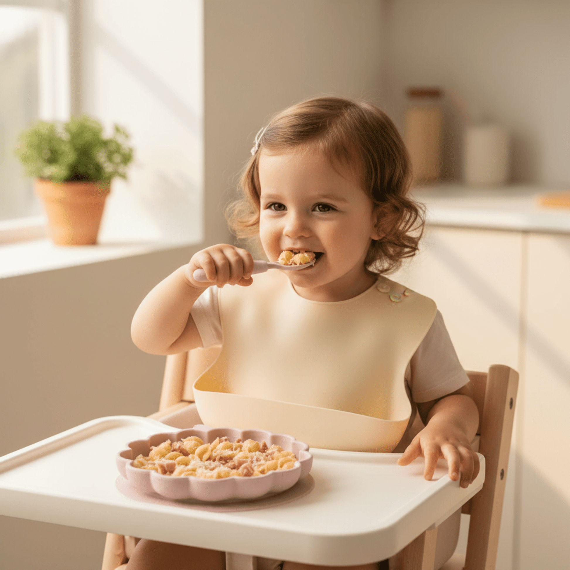 fillette autonome, installée dans sa chaise haute de cuisine, mange dans son assiette bébé ventouse rose clair 
