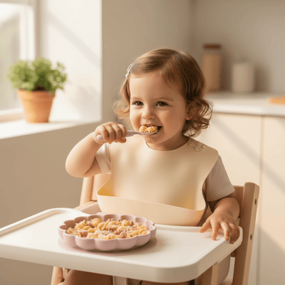 fillette autonome, installée dans sa chaise haute de cuisine, mange dans son assiette bébé ventouse rose clair 