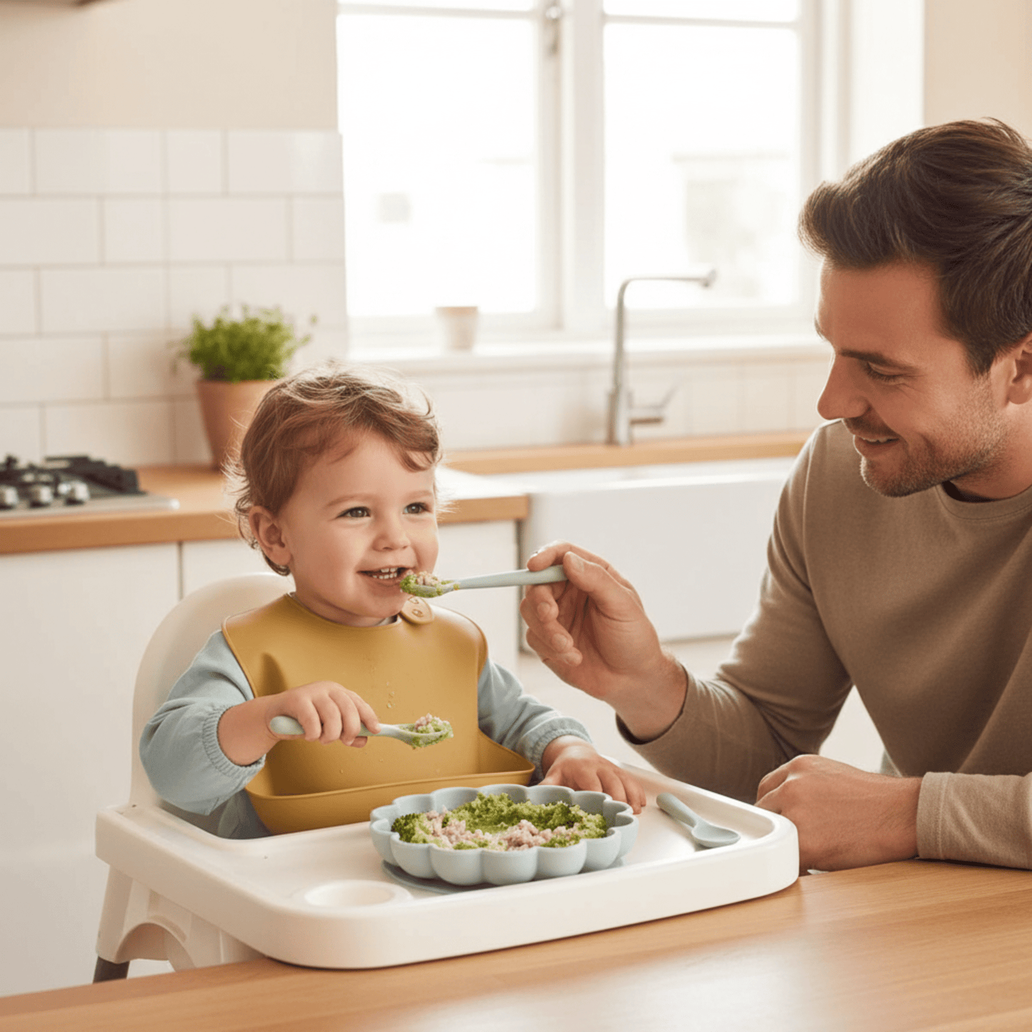 un petit garçon dans sa chaise haute de cuisine est nourrit par son papa et  essaie de prendre sa purée à la cuillère dans son assiette bébé ventouse coloris bleu gris