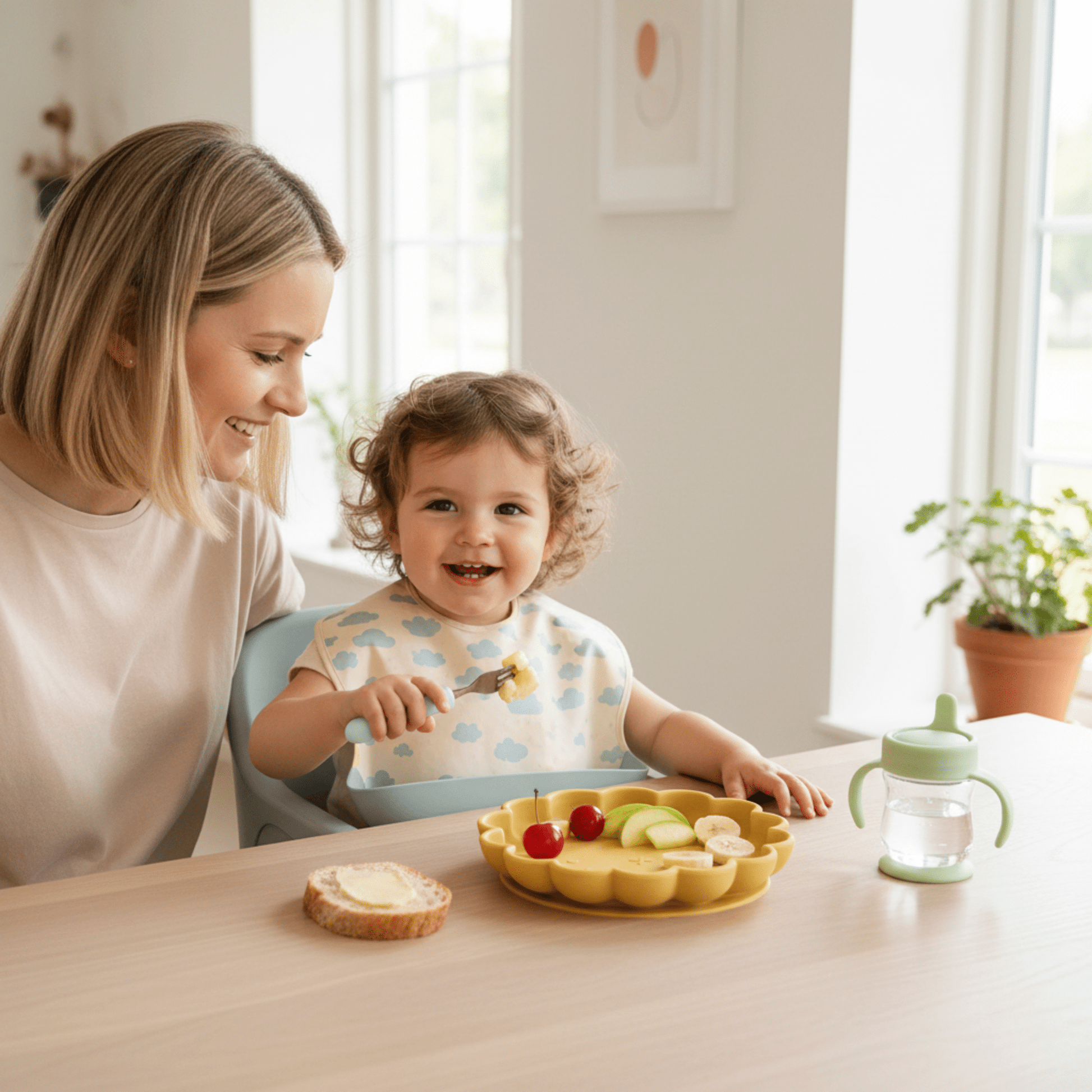 Une fillette est à table à côté de sa maman et mange un goûter de fruits dans son assiette bébé ventouse jaune moutarde