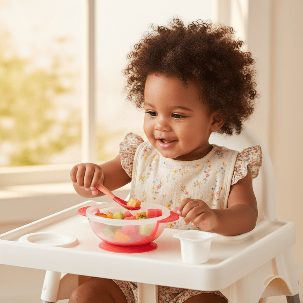 Une fillette mange des fruits dans son assiette bébé ventouse rouge