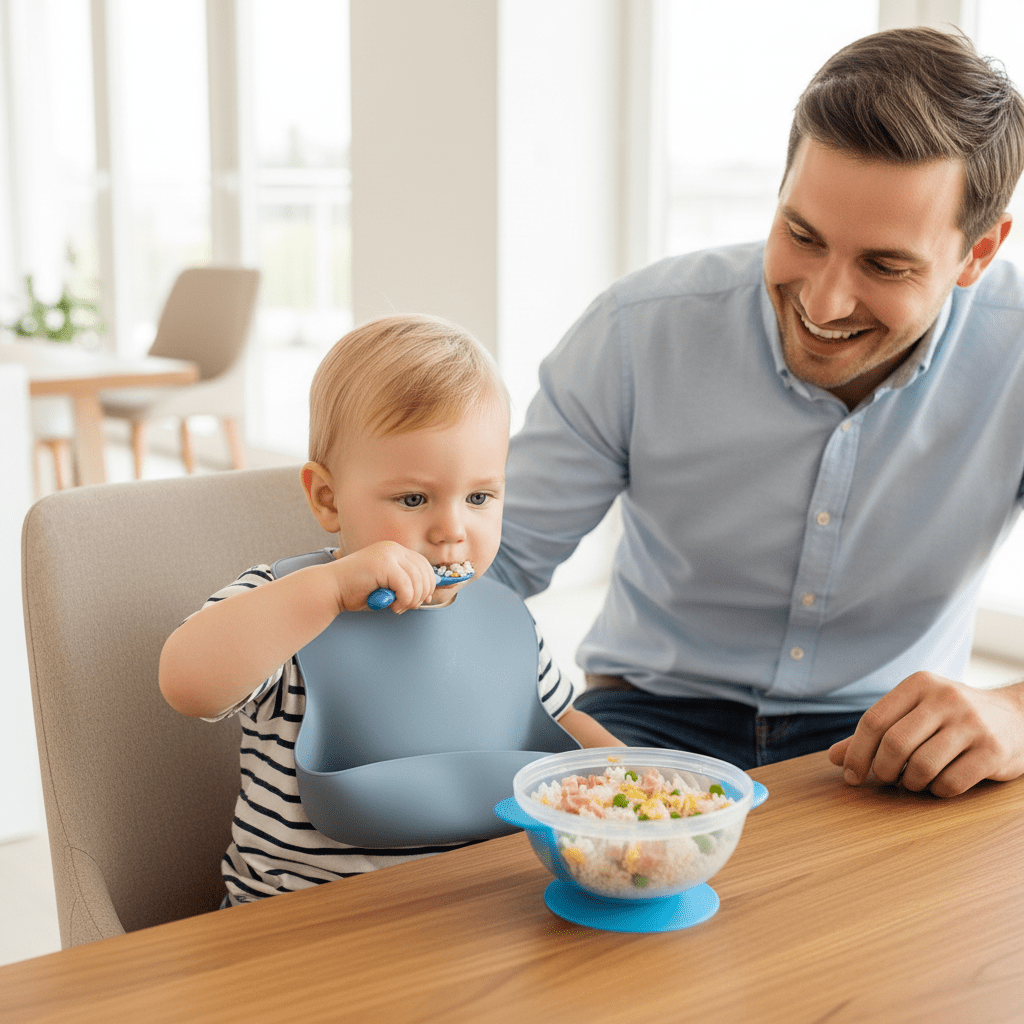 Un enfant prend son repas dans son assiette bébé ventouse bleue en autonomie à côté de son père