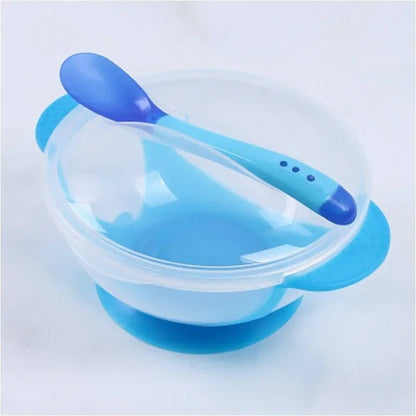 assiette bébé ventouse bleue avec couvercle et cuillère