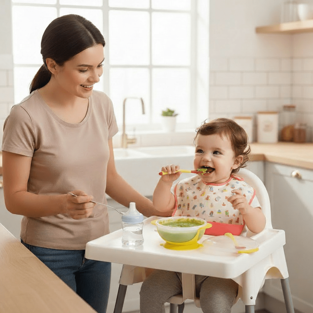 Une fillette mange sa purée de légumes verts dans son assiette bébé ventouse jaune accompagnée de sa maman