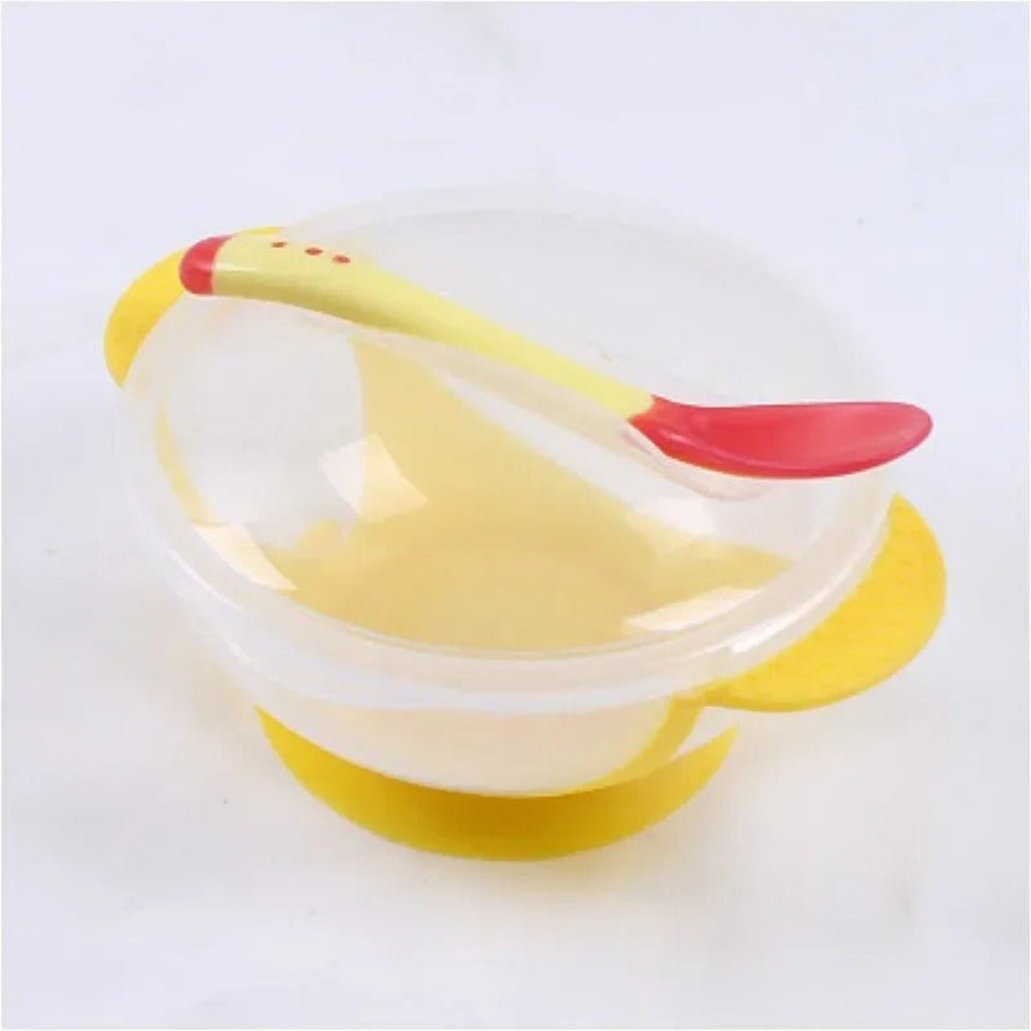 assiette bébé ventouse jaune avec couvercle et cuillère