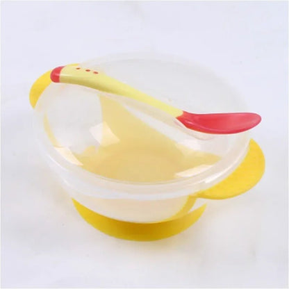 assiette bébé ventouse jaune avec couvercle et cuillère