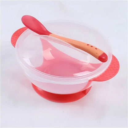 assiette bébé ventouse rouge avec couvercle et cuillère