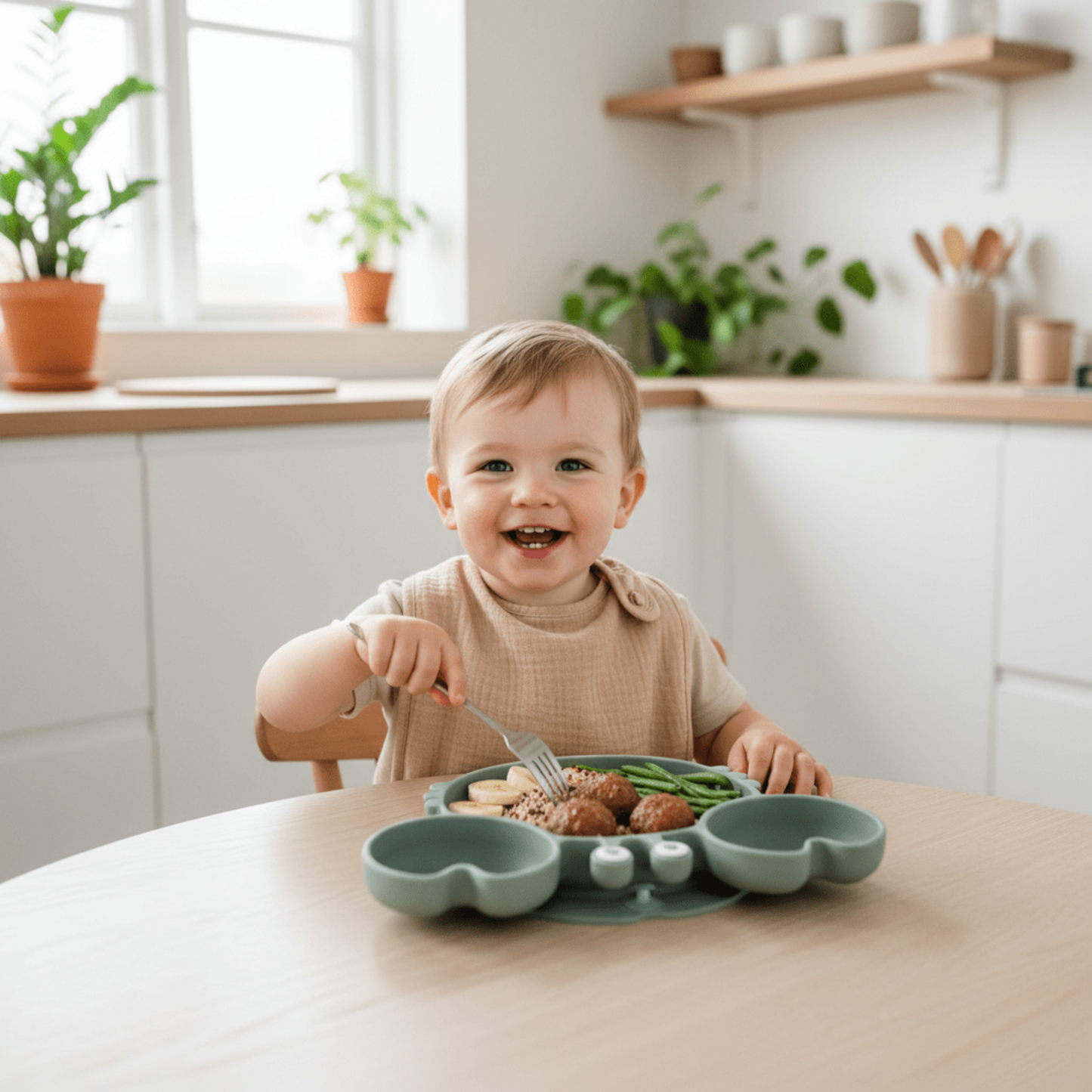 un enfant souriant déjeune à table avec son assiette compartiment bébé vert sauge en forme de crabe ventousée
