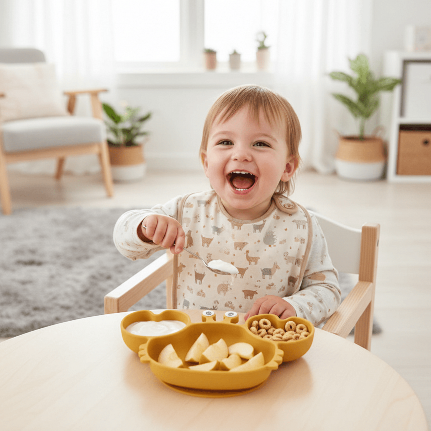 un goûter équilibré dans l'assiette compartiment bébé jaune en forme de crabe ventousée