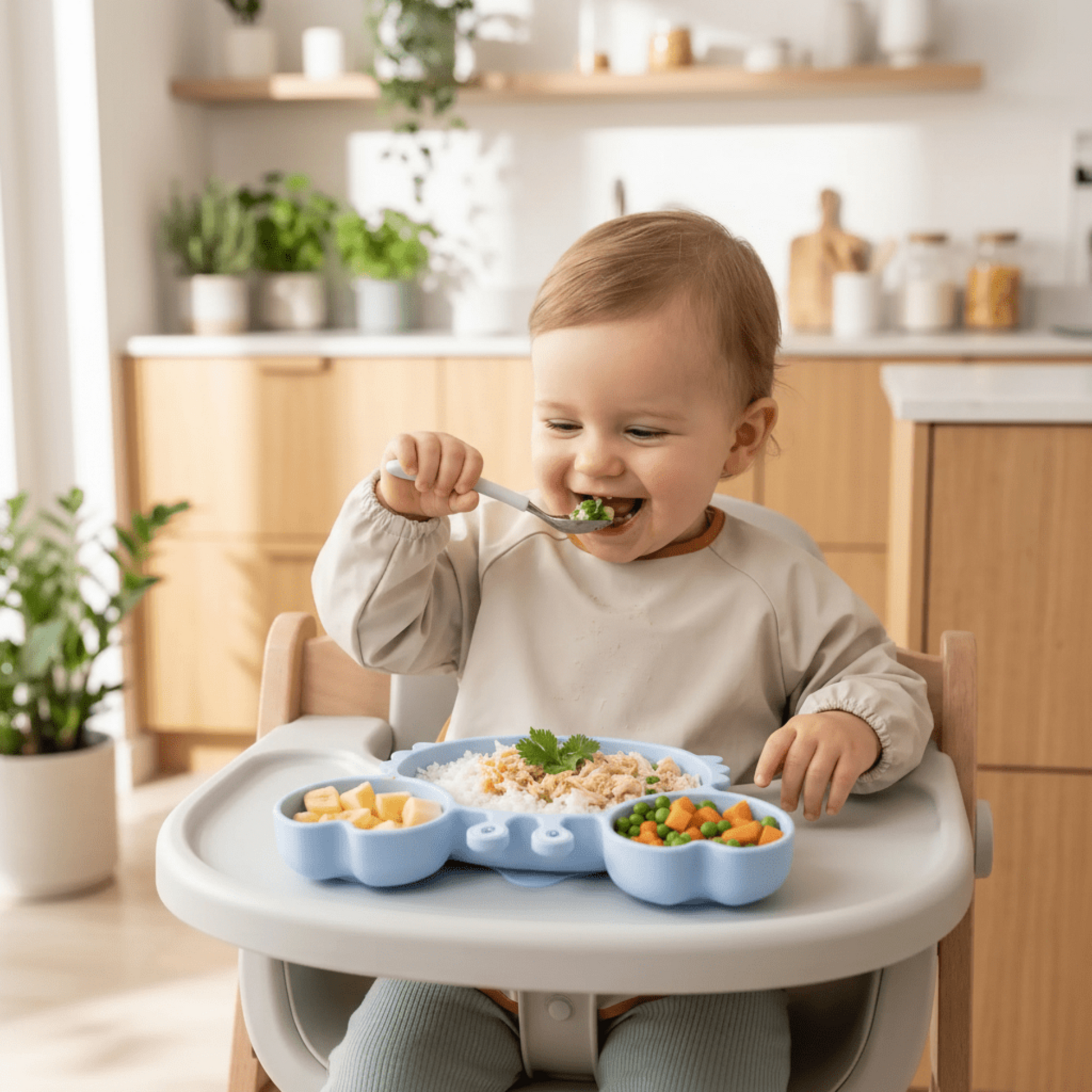 enfant heureux devant son assiette compartiment bébé bleue en forme de crabe ventousée sur sa tablette de chaise haute 