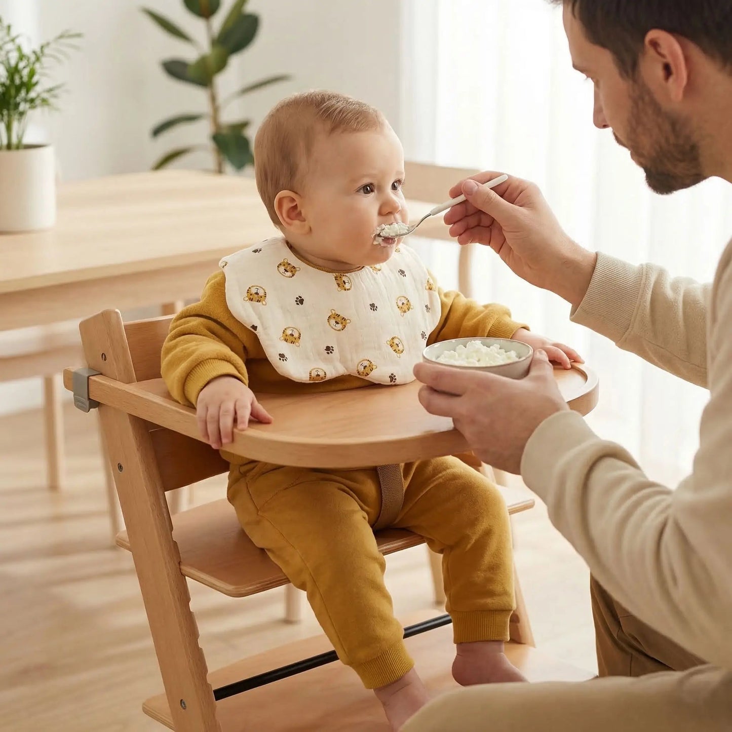 enfant nourri par son père dans sa chaise haute qui porte le bavoir bebe forme fleur en coton motif tigres