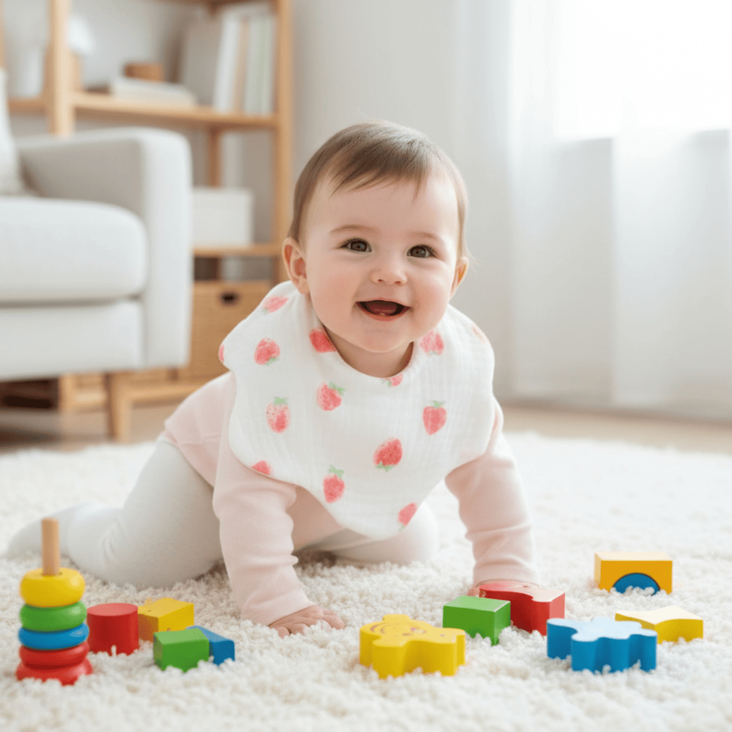 enfant à quatre pattes portant le bavoir bebe en coton motif fraises