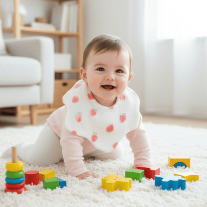 enfant à quatre pattes portant le bavoir bebe en coton motif fraises