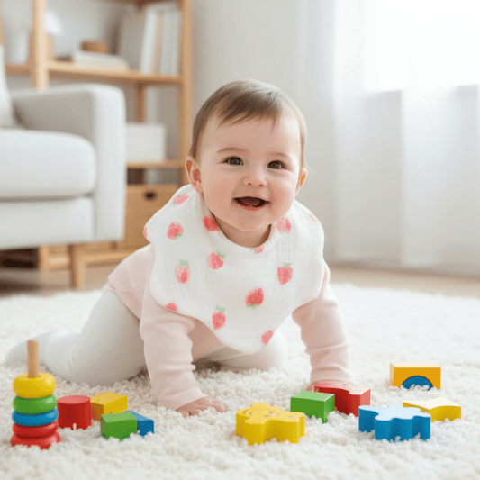 enfant à quatre pattes portant le bavoir bebe en coton motif fraises