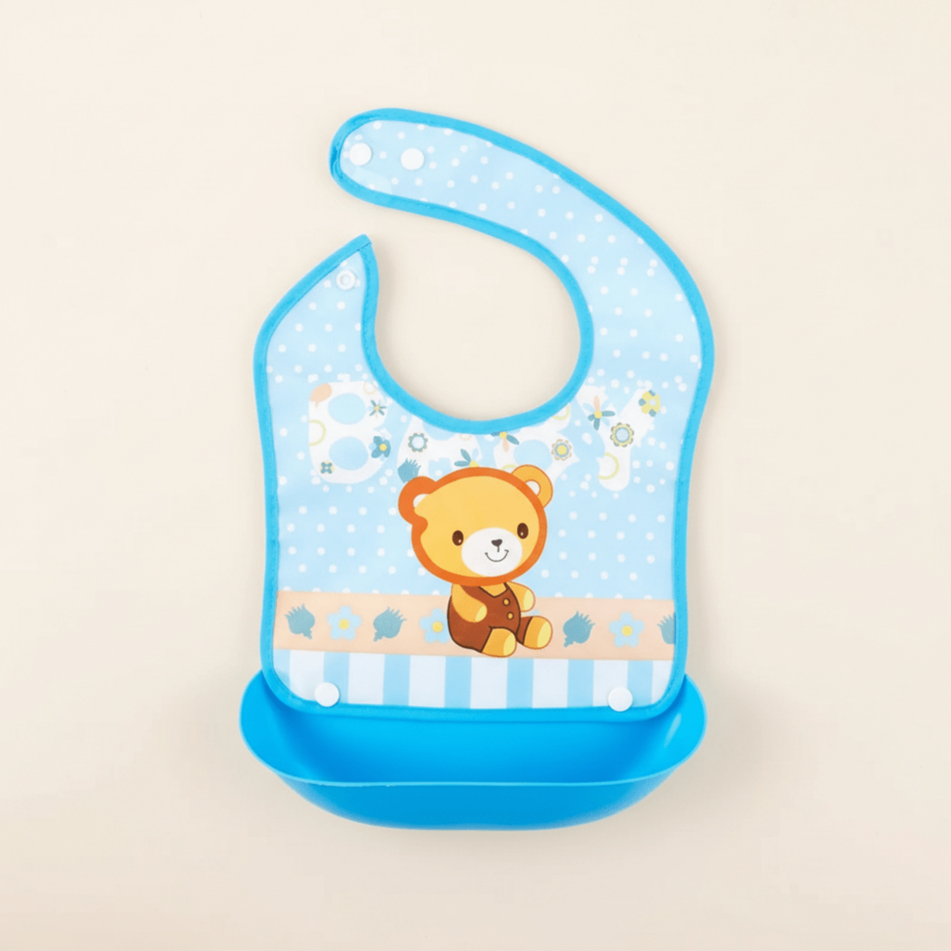 bavoir bebe impermeable avec poche amovible coloris bleu motif ourson