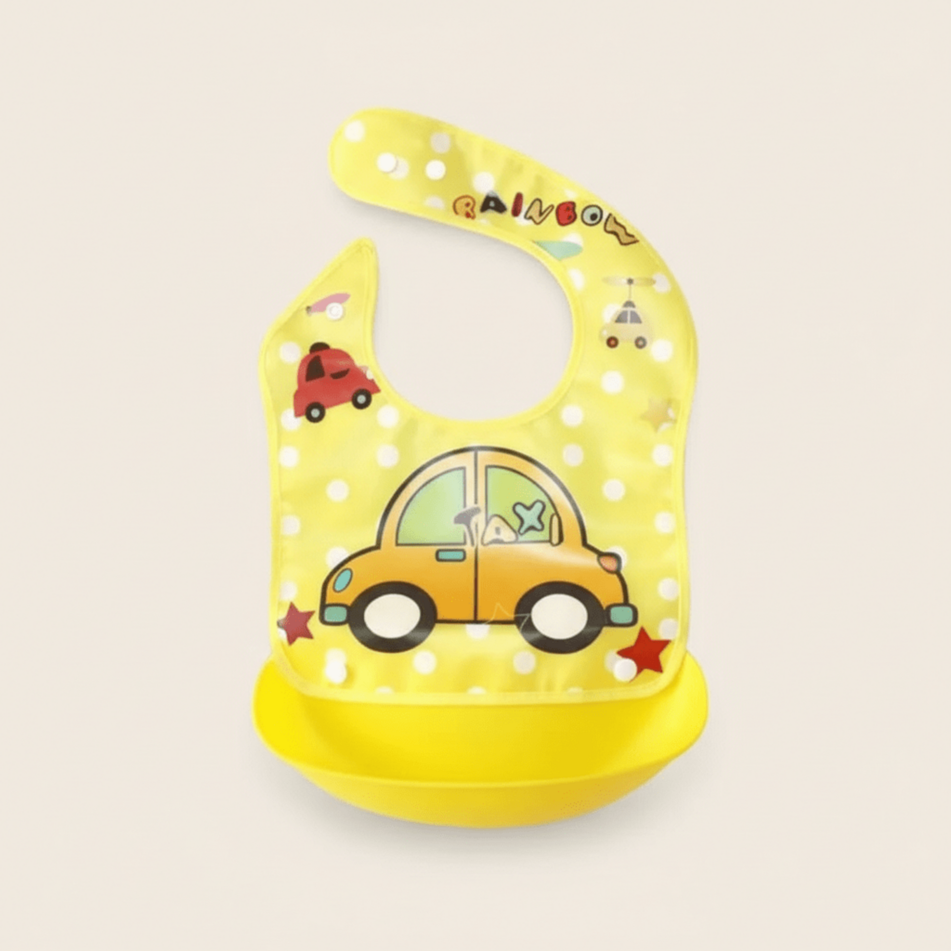 bavoir bebe impermeable avec poche amovible coloris jaune motif taxi