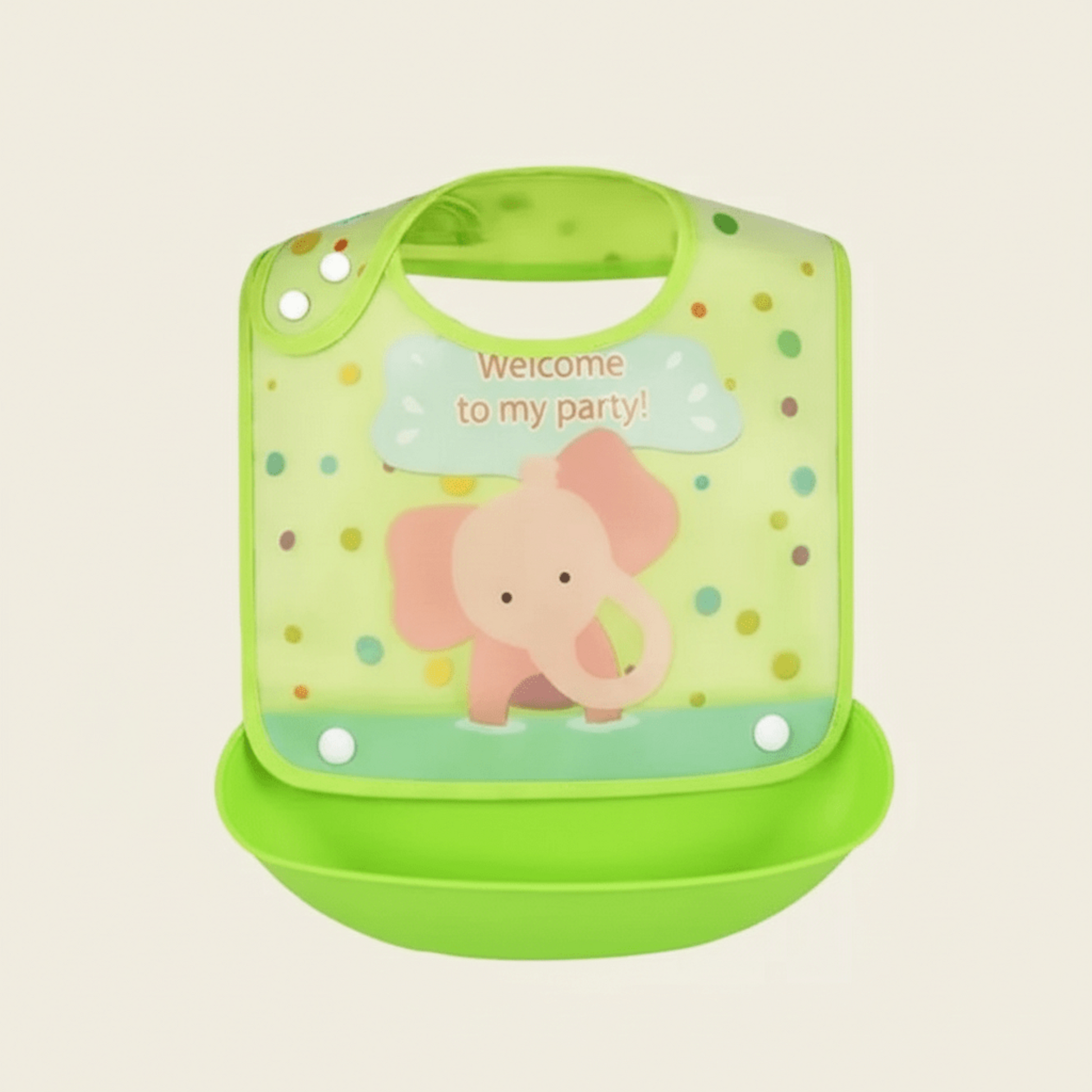 bavoir bebe impermeable avec poche amovible coloris vert motif elephant