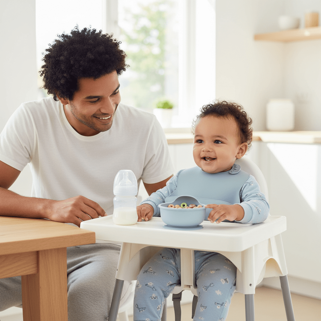 le bavoir bébé avec ^poche imperméable coloris gris accompagne le petit déjeuner d'un père et son fils