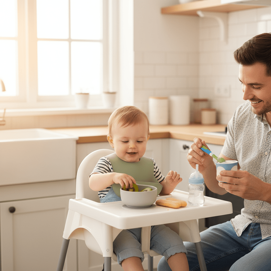 un enfant porte son bavoir bébé avec poche imperméable coloris vert sauge pour goûter avec son papa