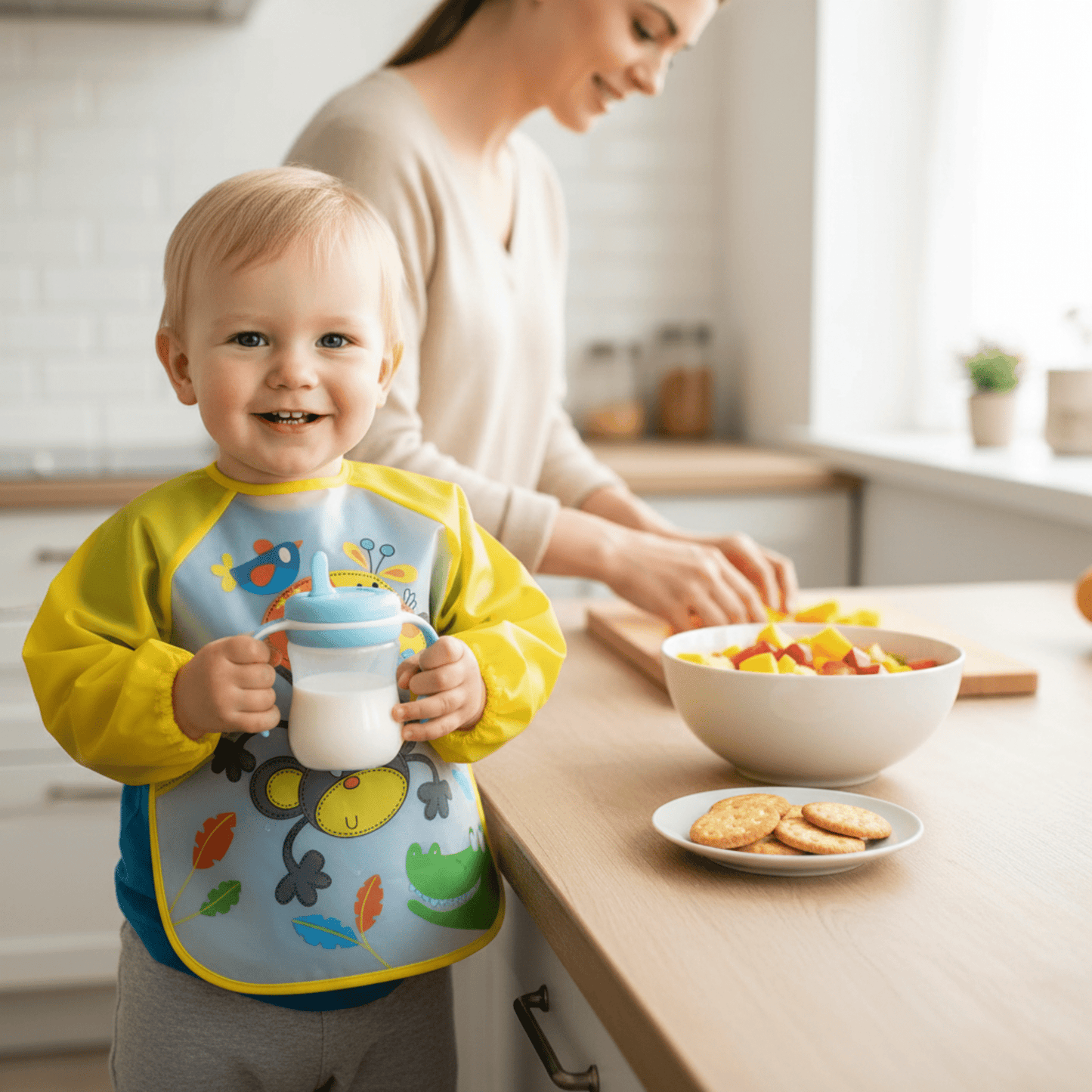 enfant debout avec une tasse de lait portant le bavoir bébé manche longue étanche jaune motif jungle