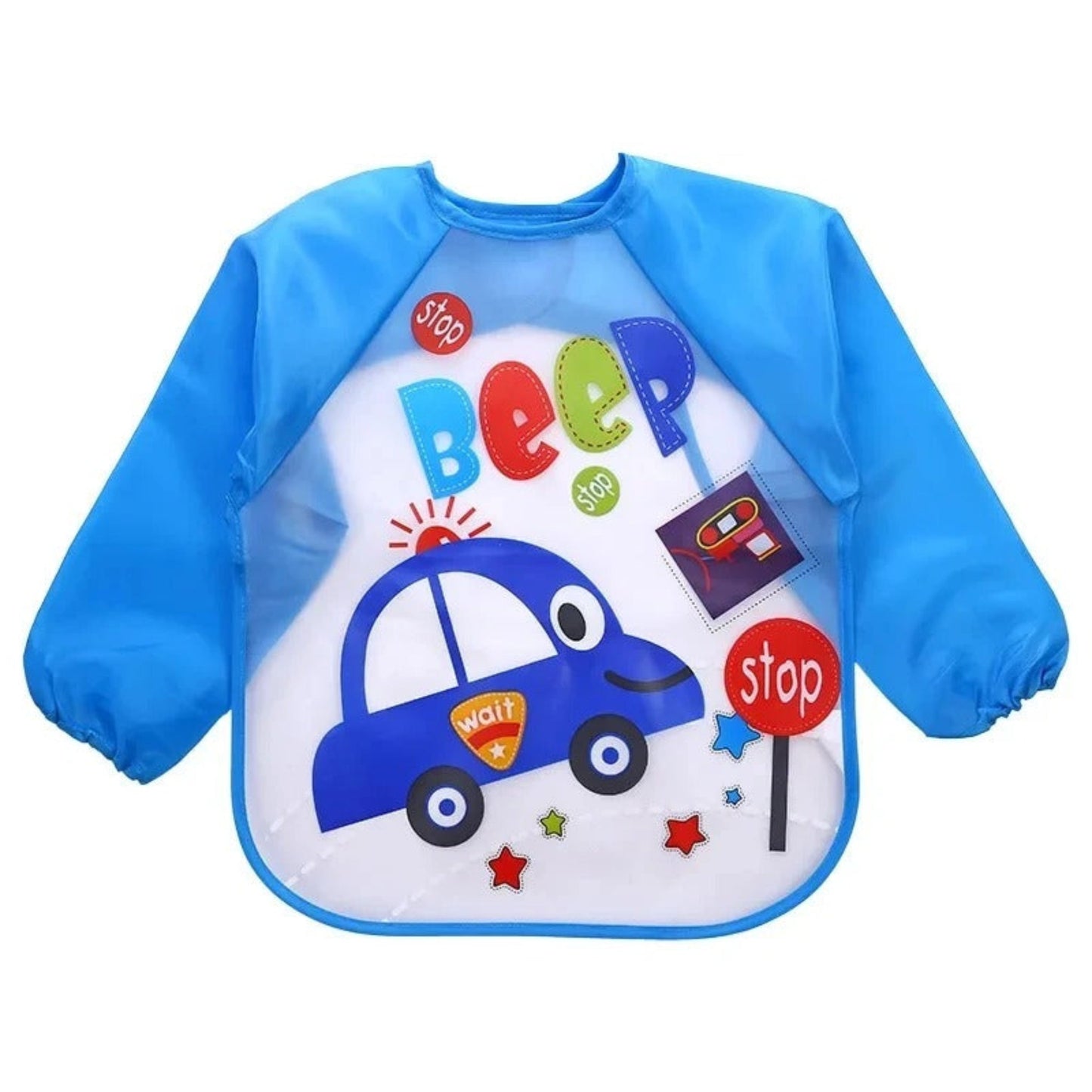 bavoir bébé manche longue étanche coloris bleu motif voiture