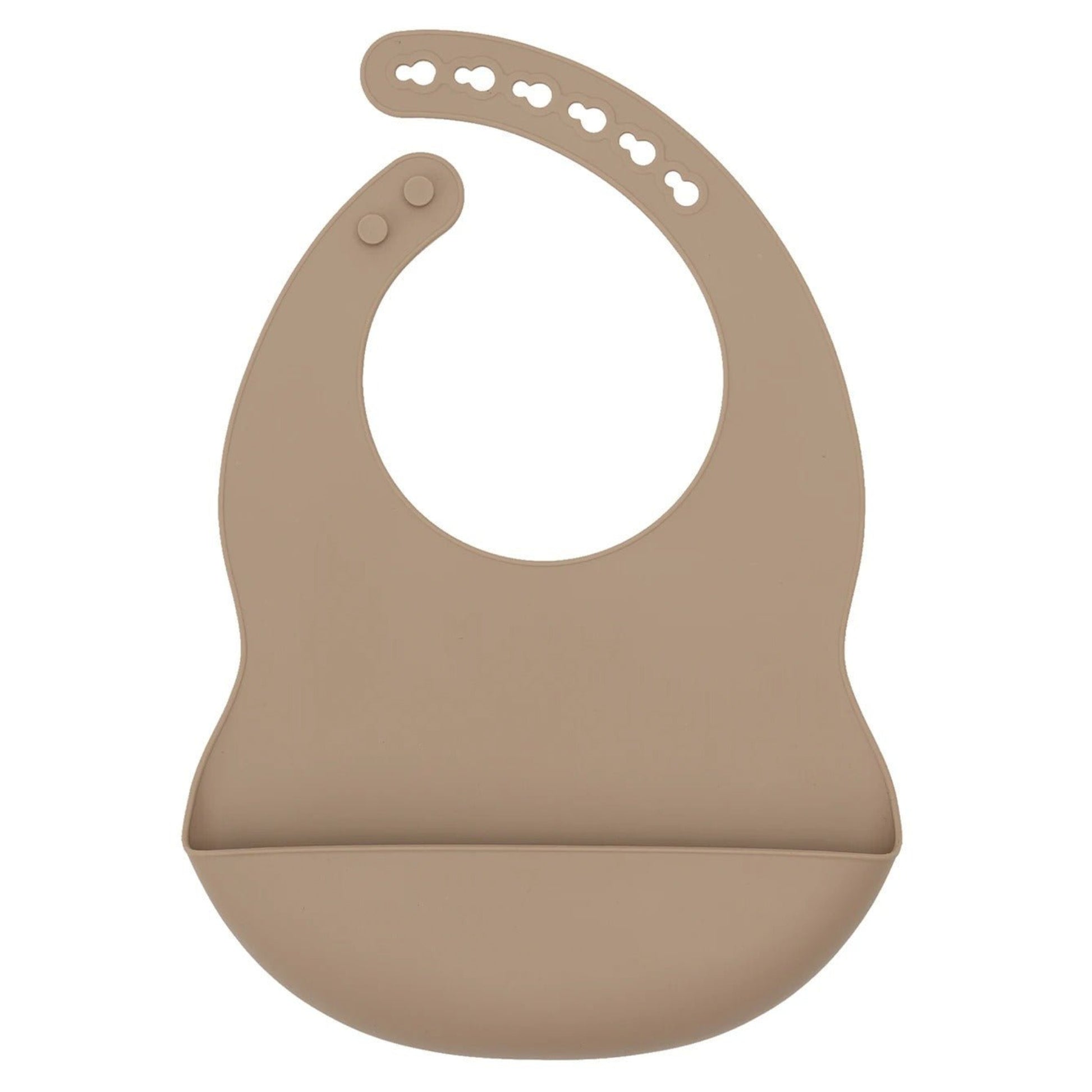 présentation du bavoir avec poche imperméable coloris taupe