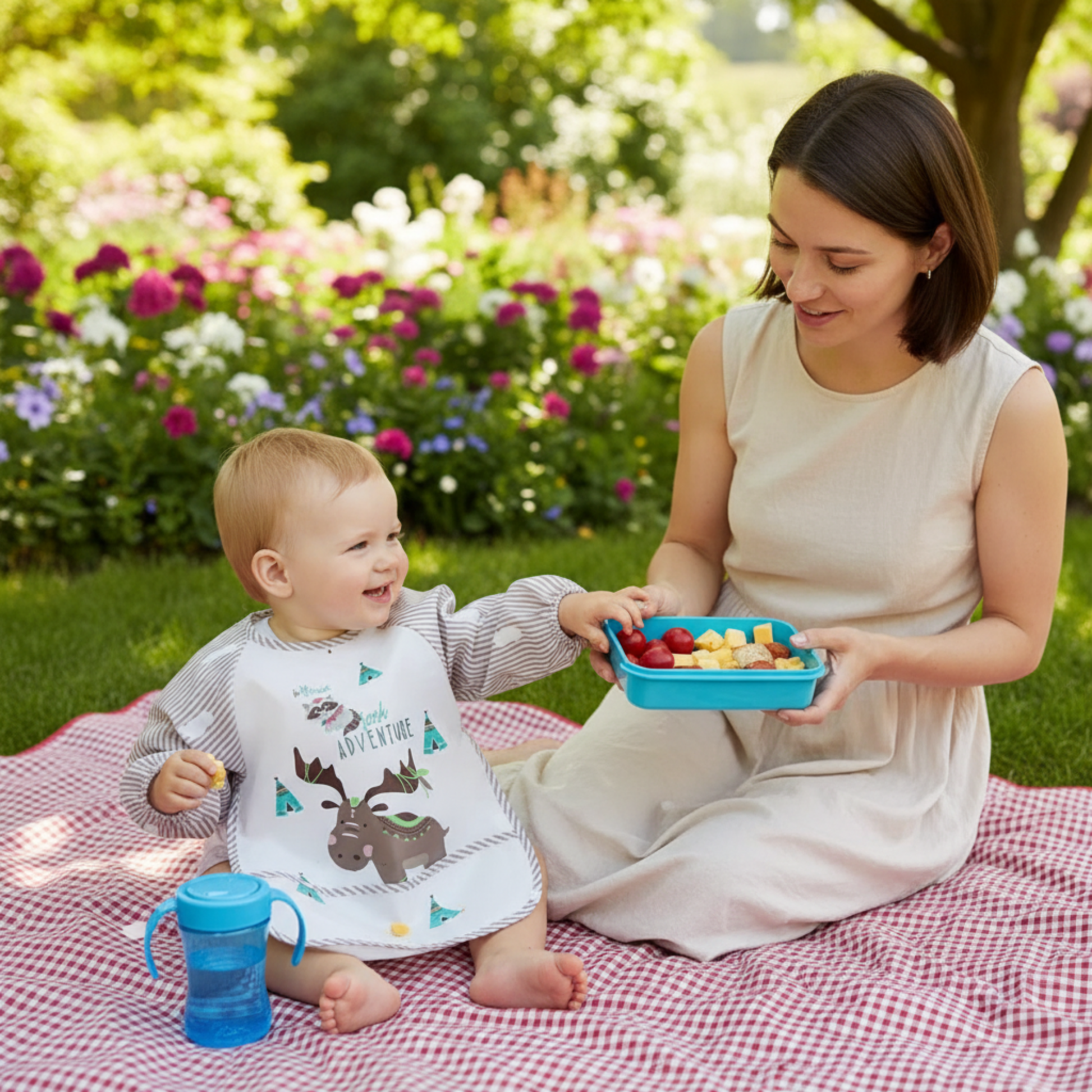 un bébé pique-nique dans un jardin avec sa maman en portant le bavoir impermeable à manches longues coloris marron motif renne