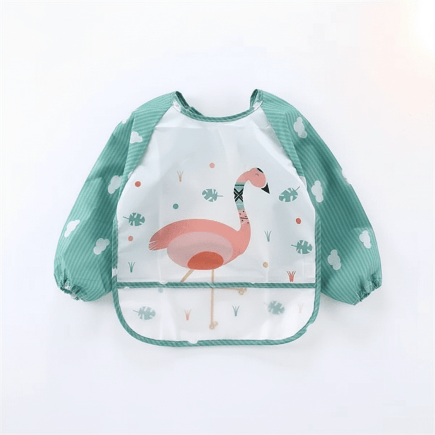Bavoir imperméable à manches longues coloris vert motif flamant rose