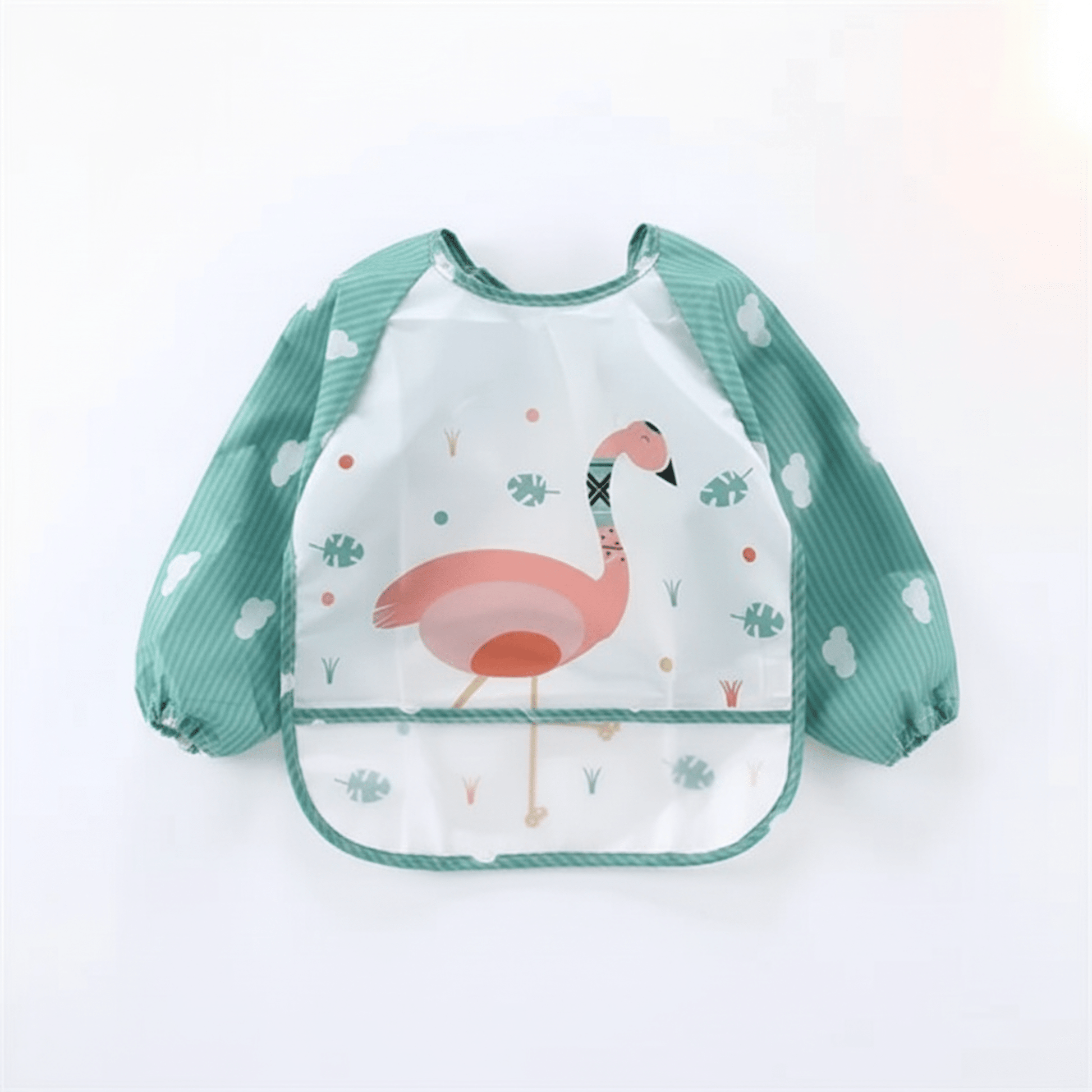 Bavoir imperméable à manches longues coloris vert motif flamant rose