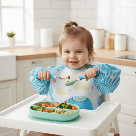 une petite fille mange avec ses couverts dans une assiette silicone compartimentée ventousée sur sa chaise haute et porte le bavoir impermeable à manches longues coloris bleu motif baleine