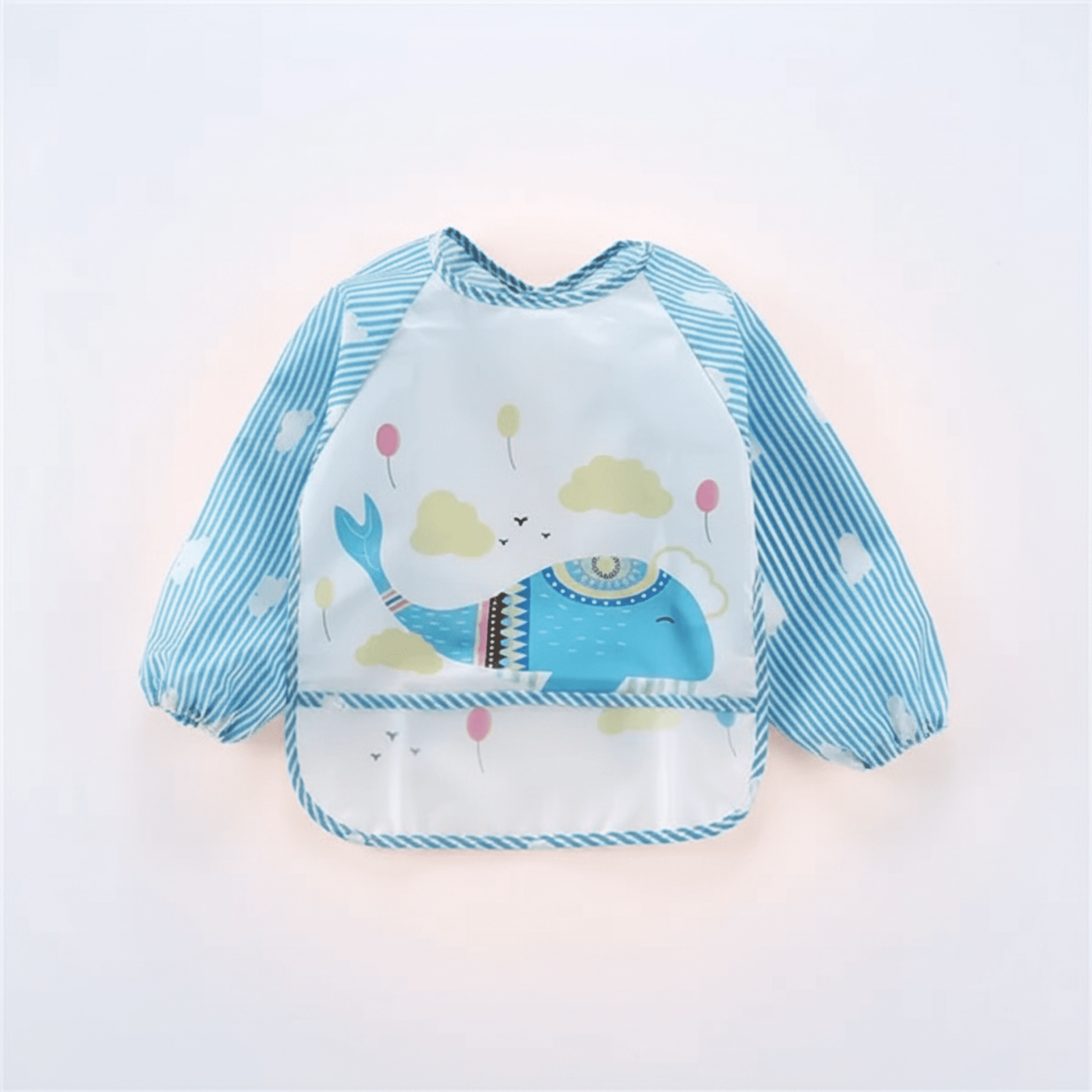 Bavoir imperméable à manches longues coloris bleu motif baleine