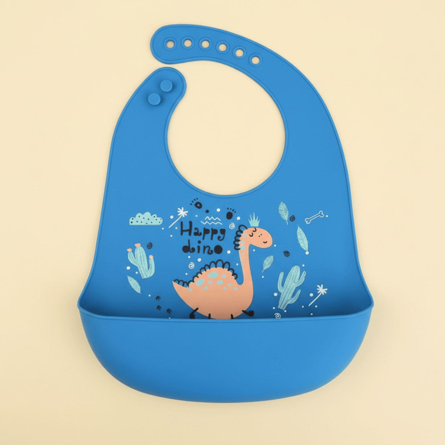 bavoir impermeable silicone bleu motif dinosaure avec anotation Happy Dino