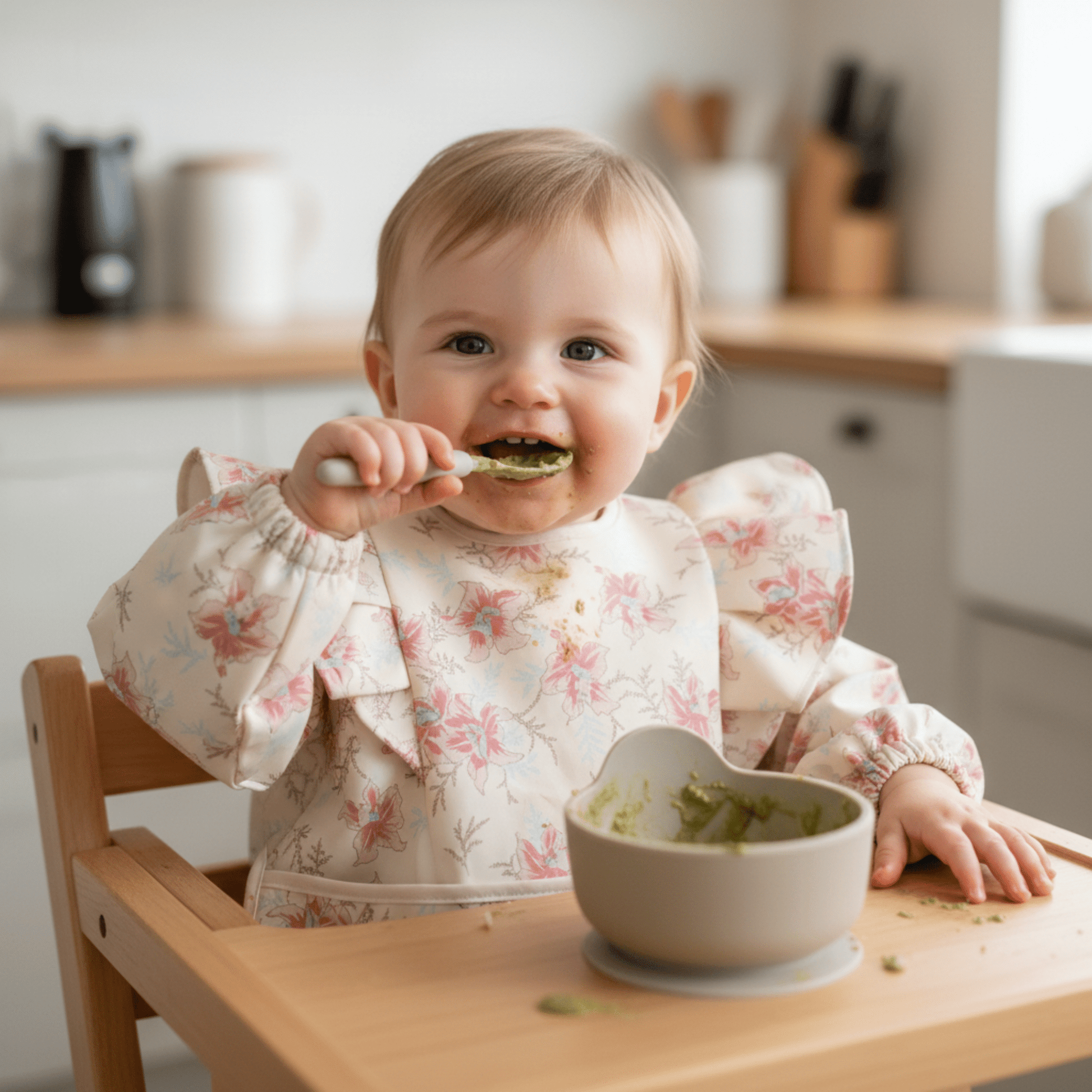 un bebe dans sa chaise haute mange sa puree avec une cuillère et porte le bavoir à manches longues de coloris blanc motif floral