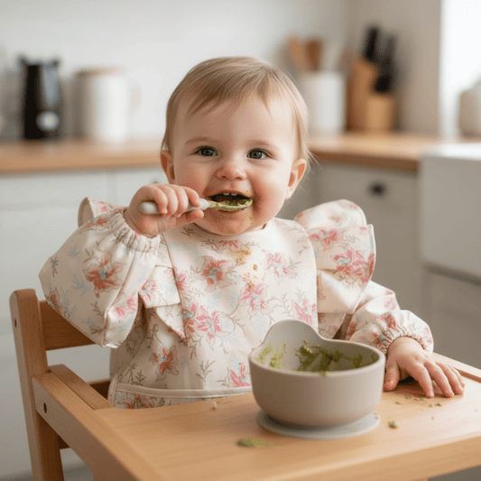un bebe dans sa chaise haute mange sa puree avec une cuillère et porte le bavoir à manches longues de coloris blanc motif floral