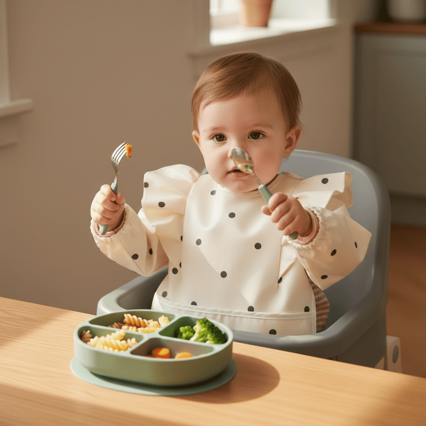 un enfant dans sa chaise haute déjeune de manière autonome avec le bavoir manches longues blanc à motif pois noirs