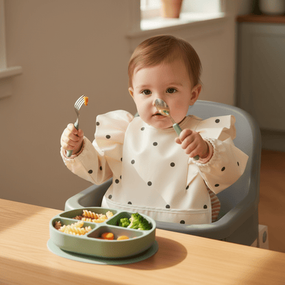 un enfant dans sa chaise haute déjeune de manière autonome avec le bavoir manches longues blanc à motif pois noirs