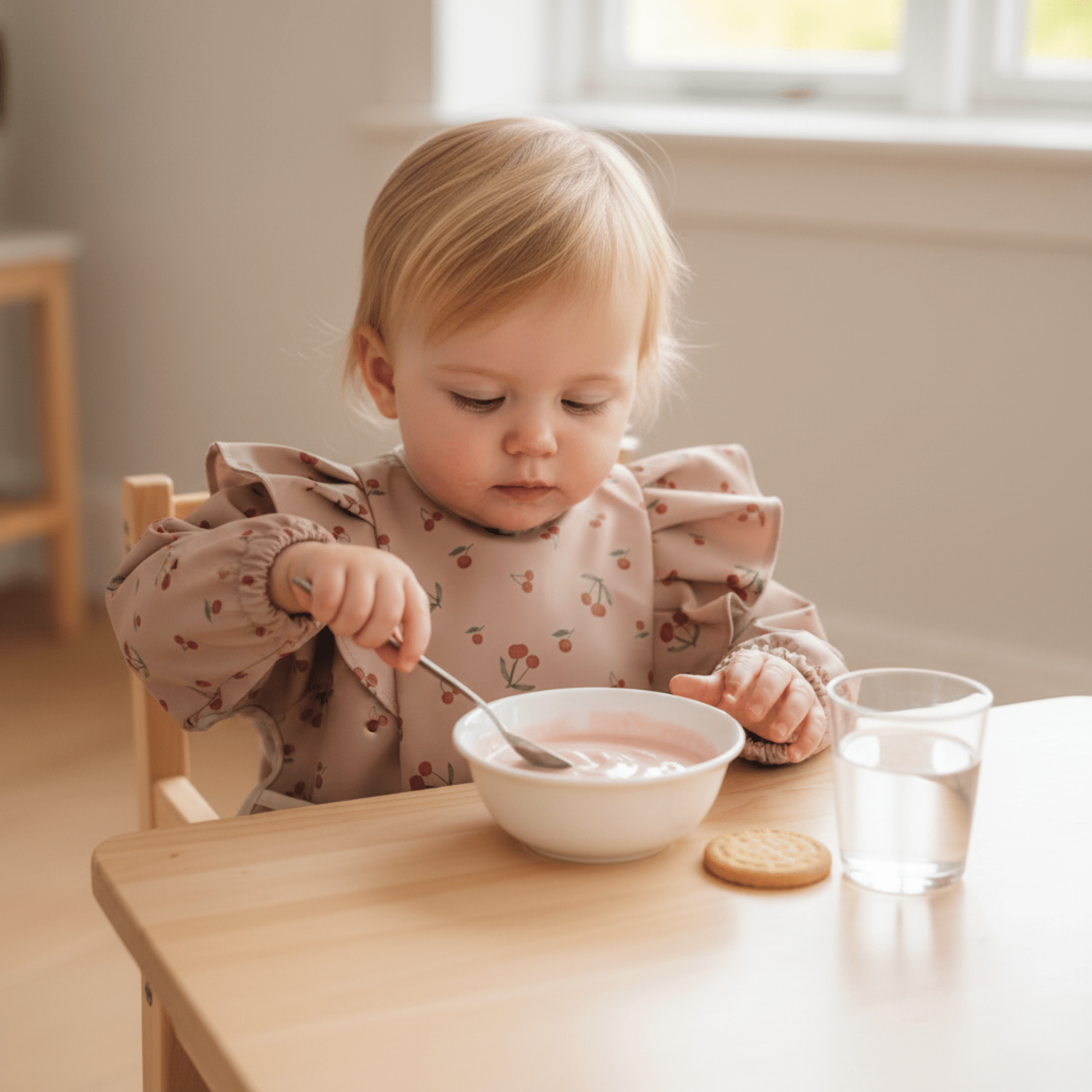 une fillette prend son goûter à sa petite table avec son bavoir manche longue coloris rose motif cerises