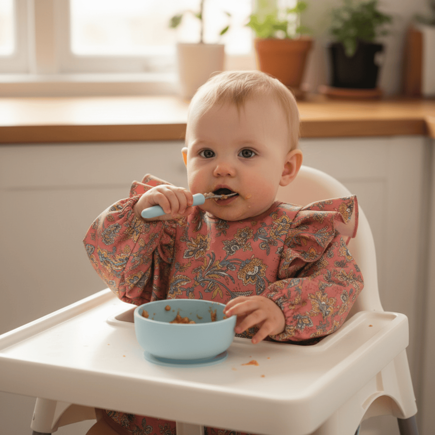 un bébé dans sa chaise haute mange sa purée en étant protégé par le bavoir manches longues rose motif floral